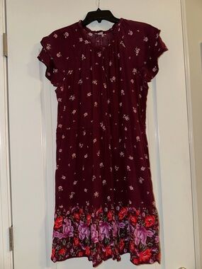 Old Navy Burgundy Midi Dress with Pink Floral Border